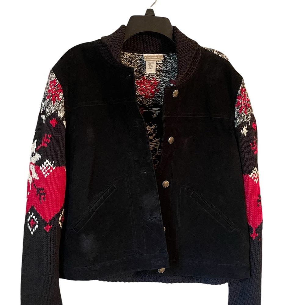 Coldwater Creek, black suede snowflake, holiday sweater jacket, size XL